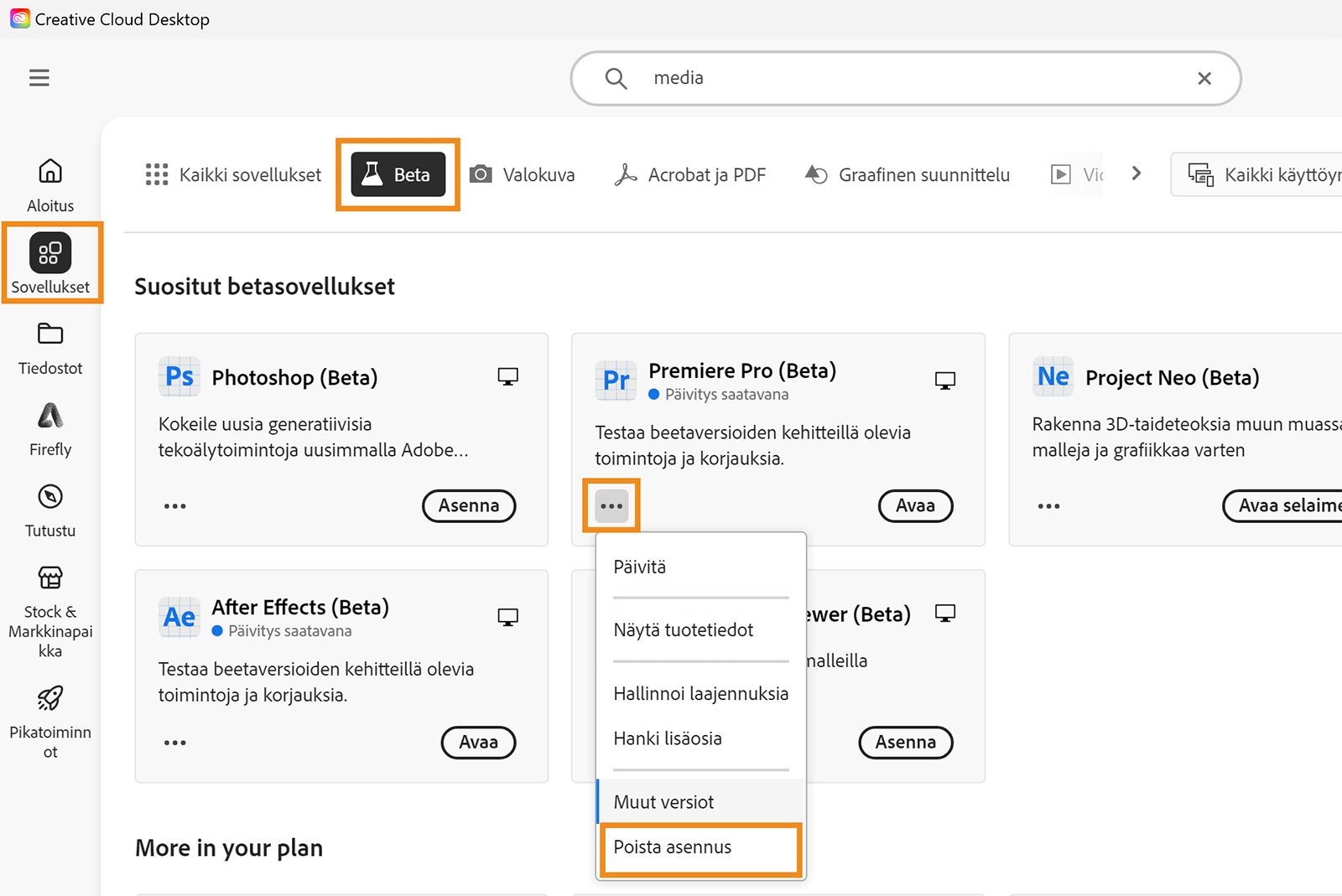 Creative Cloud -sovellus on avattu ja vaihtoehdot Sovellukset, Beta ja Poista asennus on korostettu. Valitse poistettavan beetasovelluksen asennuksen poisto.