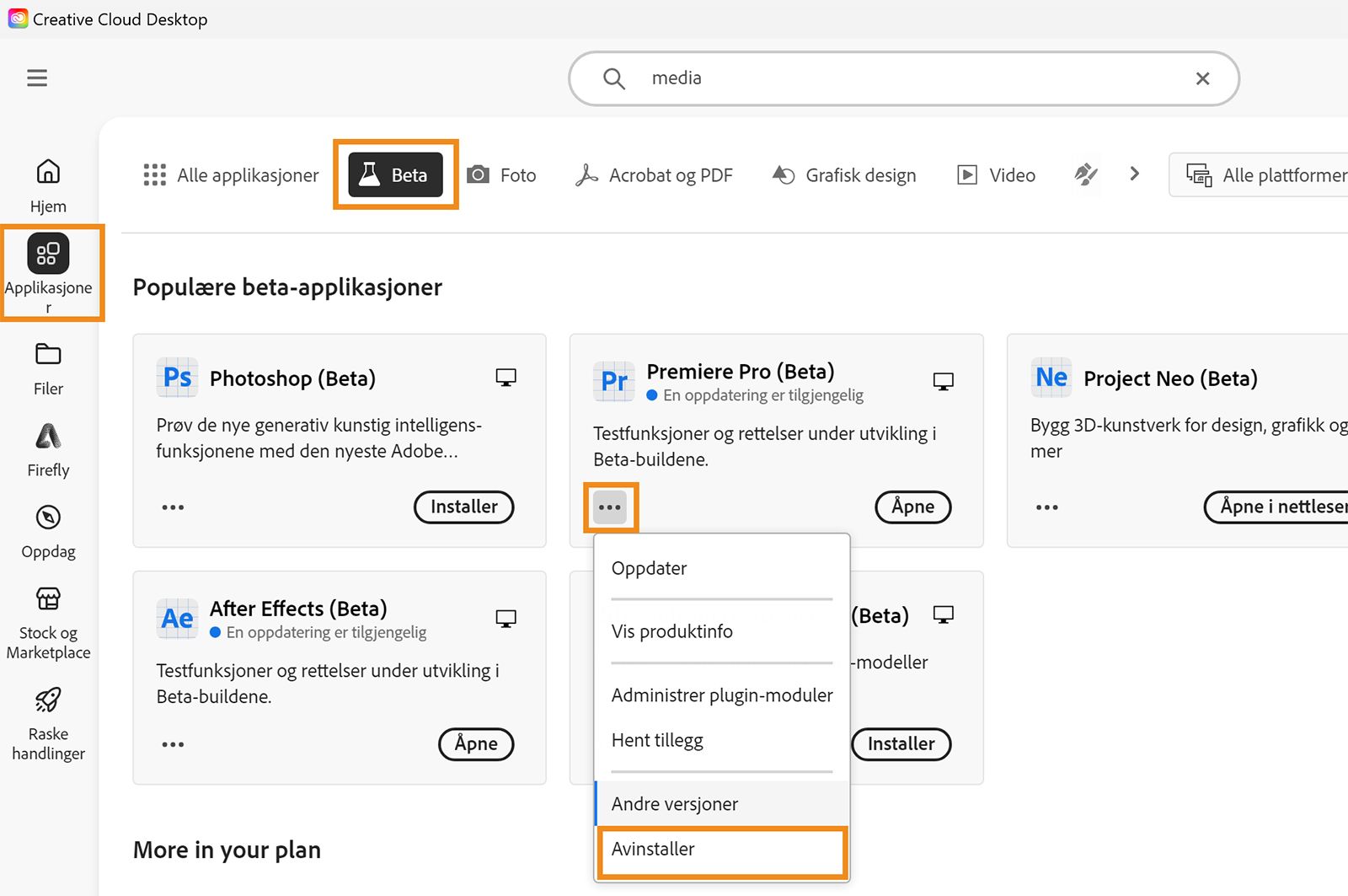 Creative Cloud skrivebordsapp er åpen, og alternativene Apper, Beta og Avinstaller er uthevet. Velg Avinstaller for betaappen du vil slette.