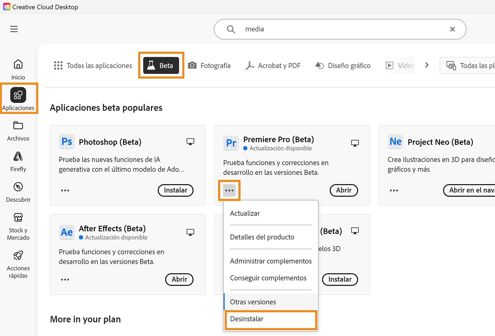 La aplicación de escritorio de Creative Cloud está abierta y las opciones Aplicaciones, Beta y Desinstalar están resaltadas. Seleccione Desinstalar de la aplicación Beta que desea eliminar.