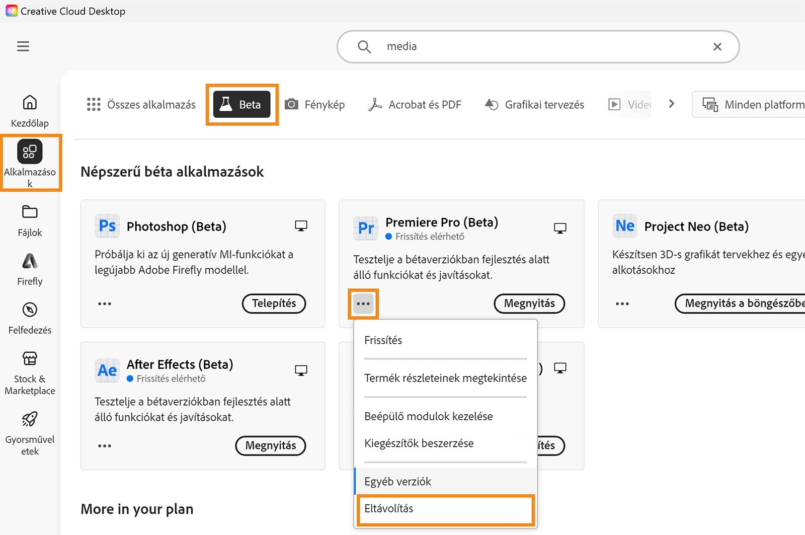 Megnyílt a Creative Cloud asztali alkalmazás, és az Alkalmazások, a Béta és az Eltávolítás opciók kiemelten jelennek meg. Válassza az eltávolítani kívánt bétaalkalmazás melletti Eltávolítás lehetőséget.