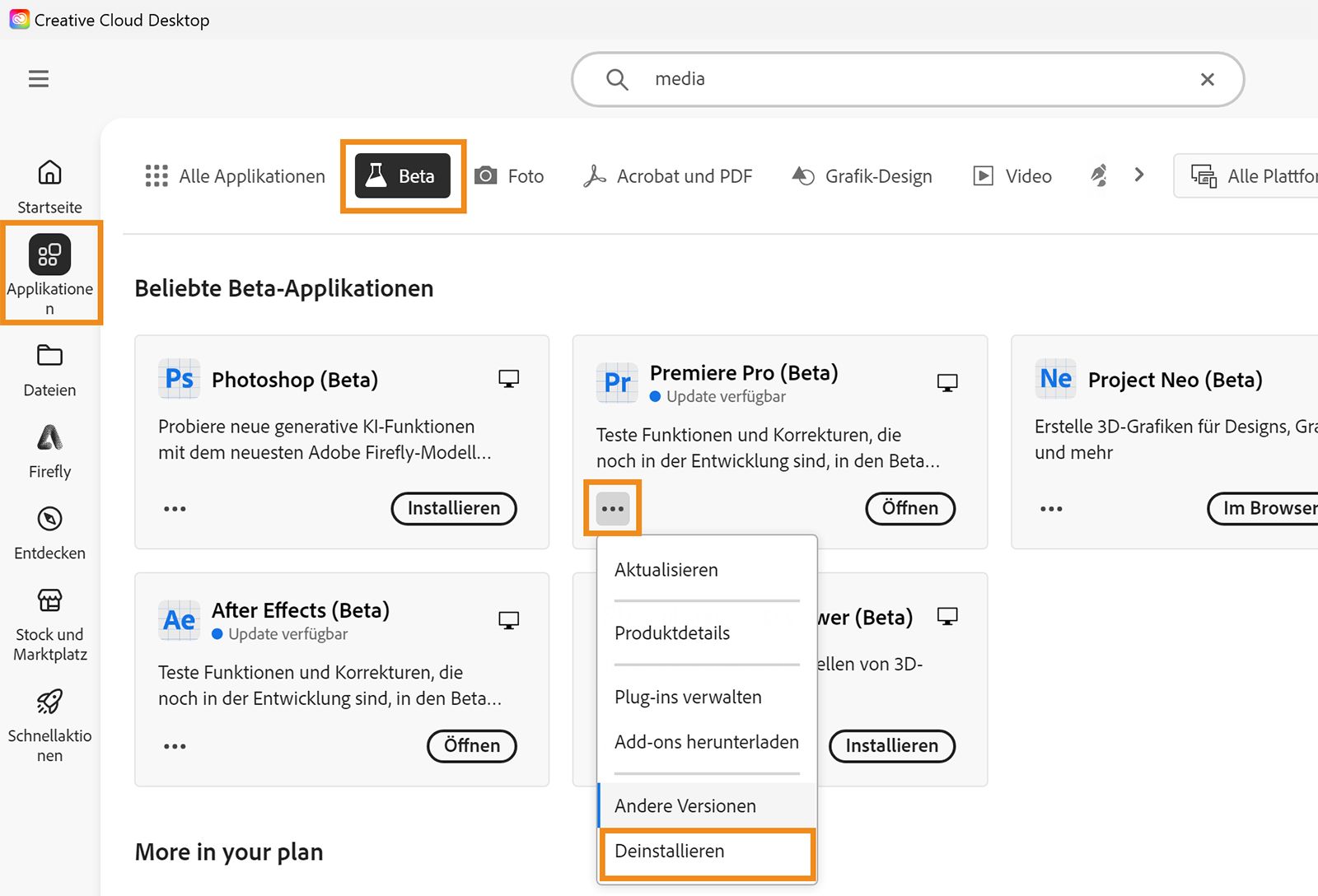 Der Creative Cloud-Client ist geöffnet, die Optionen Anwendungen, Beta und Deinstallieren sind hervorgehoben. Wähle Deinstallieren für die Beta-App, die du löschen willst.
