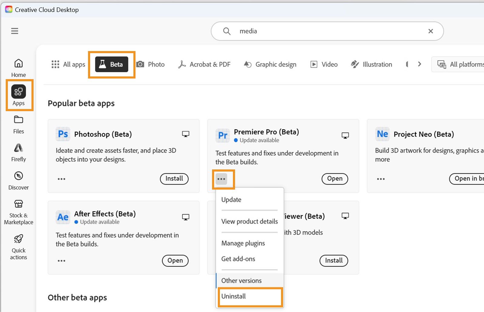 Atidaryta „Creative Cloud“ programa ir paryškintos parinktys „Apps“ (programos), „Beta“ ir „Uninstall“ (pašalinti). „Beta“ programai, kurią norite pašalinti, pasirinkite „Uninstall“ (pašalinti).