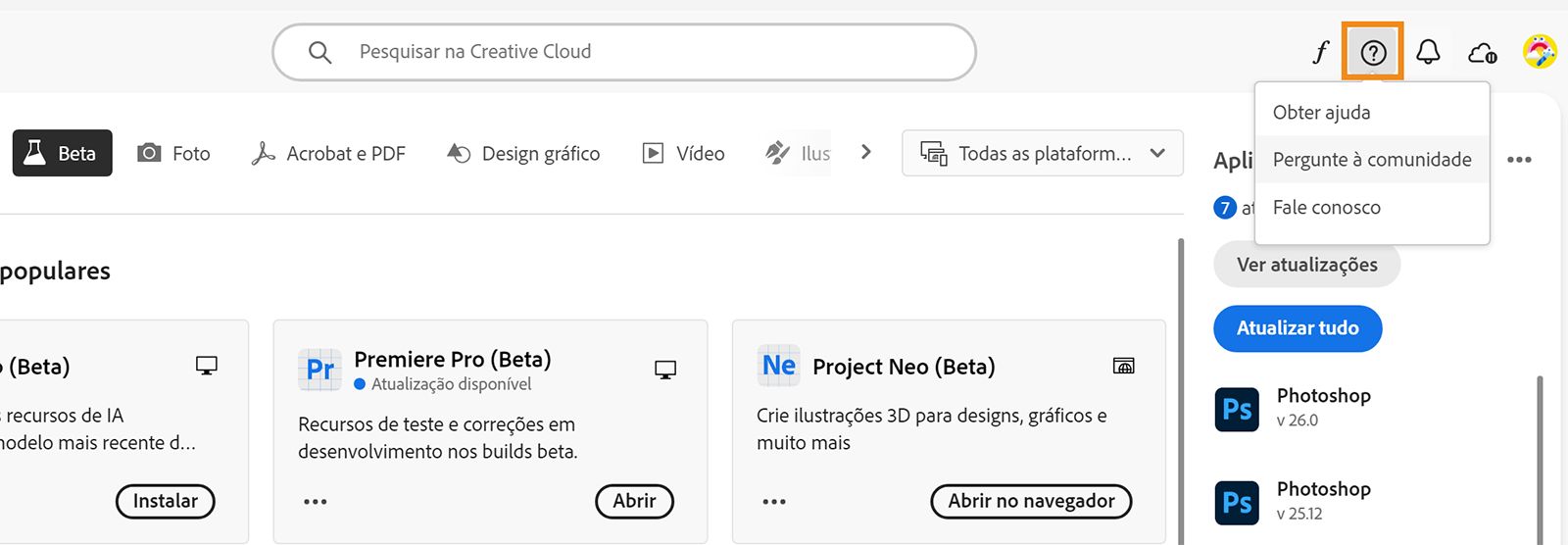 O aplicativo de desktop da Creative Cloud está aberto e a opção Ajuda e recursos está destacada e exibe as opções para obter ajuda, perguntar à comunidade ou entrar em contato com a Adobe.