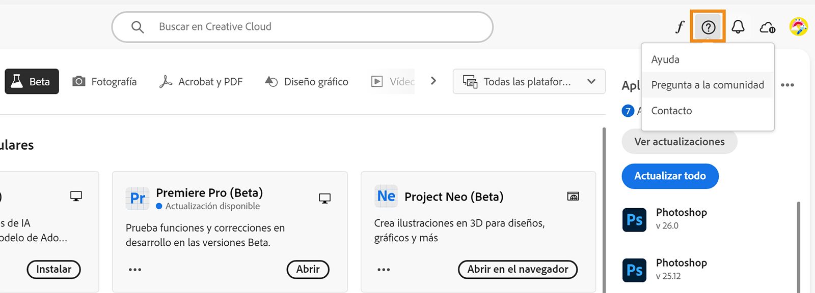 La aplicación de escritorio de Creative Cloud está abierta. El icono Ayuda y recursos está resaltado y muestra las opciones para obtener ayuda, preguntar a la comunidad o ponerse en contacto con Adobe.