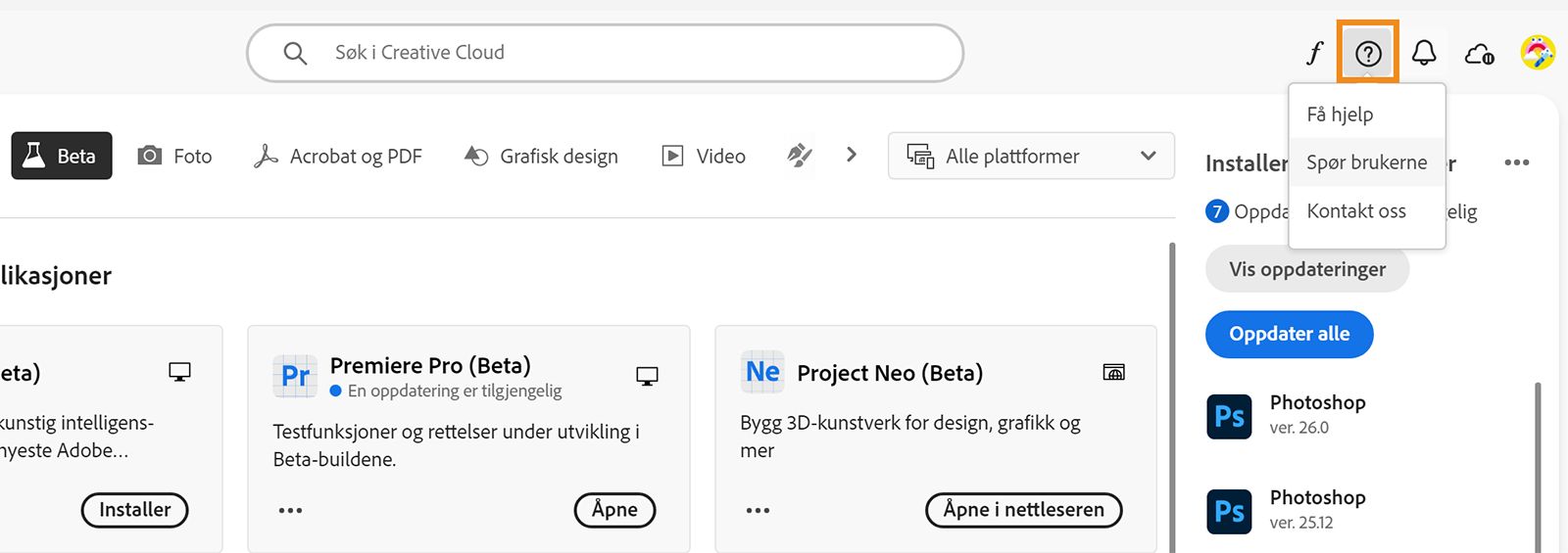 Creative Cloud skrivebordsapp er åpen, og ikonet for hjelp og ressurser er uthevet, og det viser alternativene for å få hjelp, spørre fellesskapet eller kontakte Adobe.