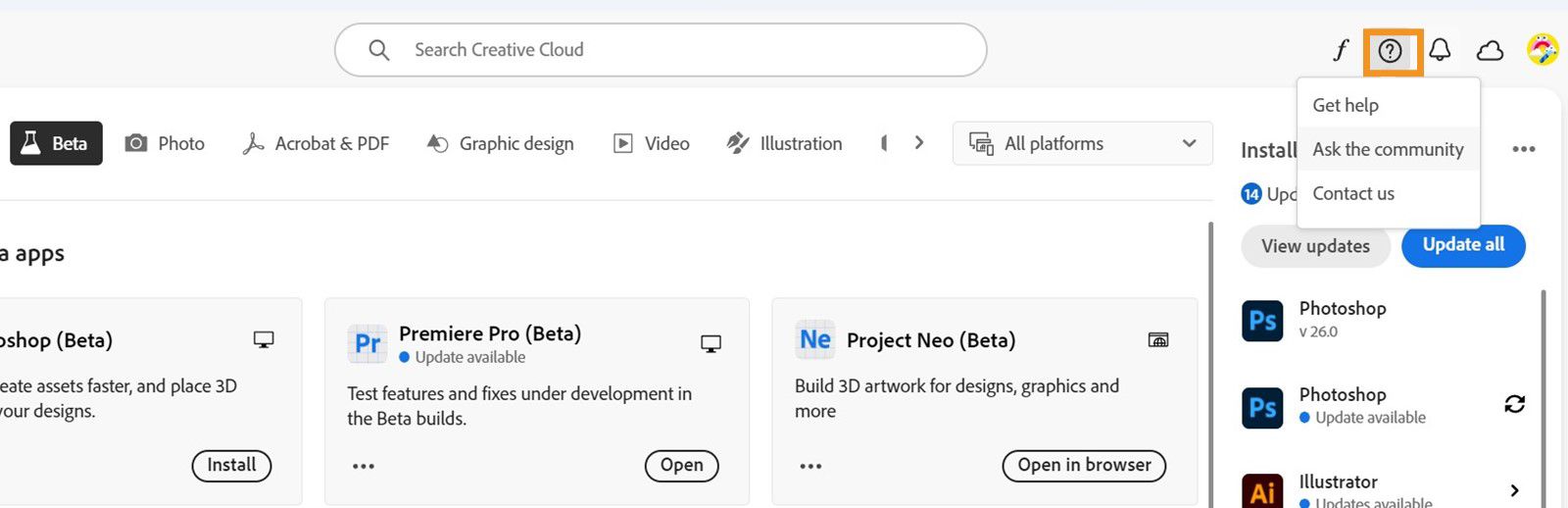 Atidaryta „Creative Cloud“ programa ir paryškinta piktograma „Help and resources“ (pagalba ir ištekliai), rodomos parinktys gauti pagalbą, klausti bendruomenės arba susisiekti su „Adobe“.