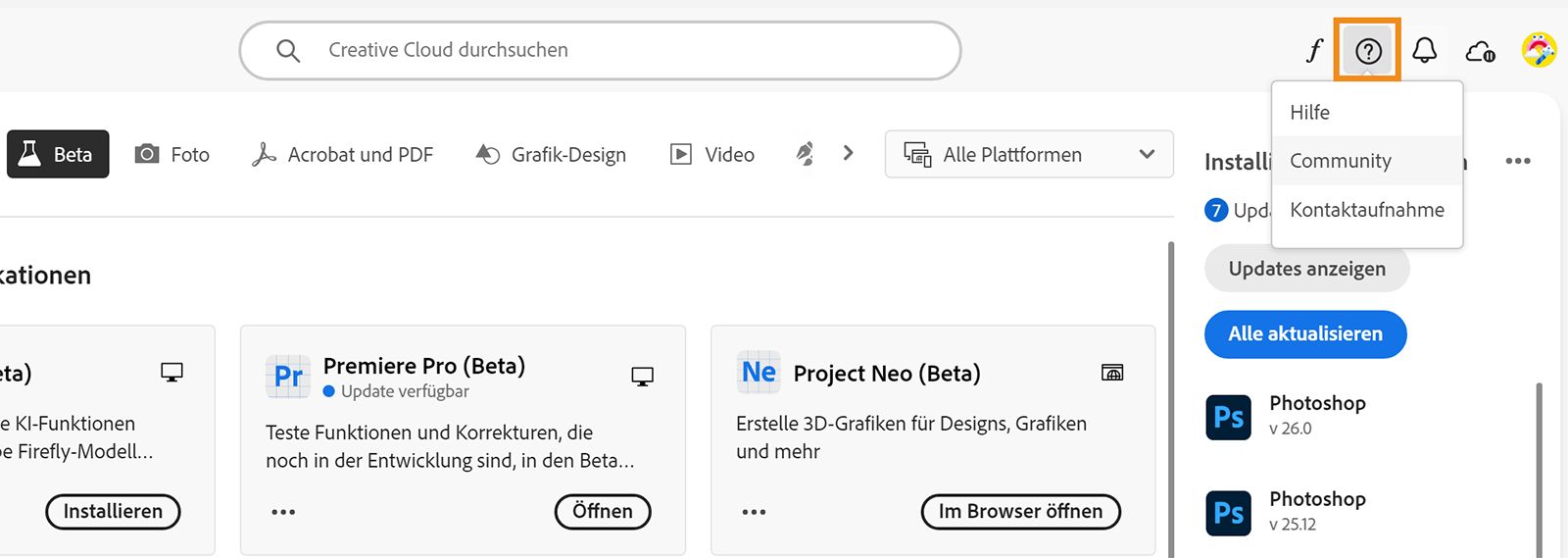 Der Creative Cloud-Client ist geöffnet. Das Symbol „Hilfe und Ressourcen“ ist hervorgehoben und zeigt die Optionen an, über die du Hilfe anfordern, die Community befragen oder zu Adobe Kontakt aufnehmen kannst.