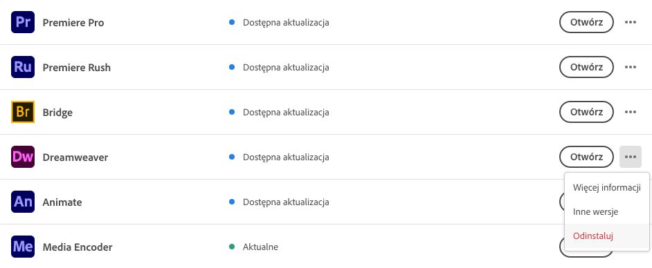 Odinstaluj program Dreamweaver