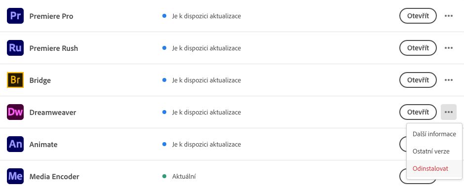 Odinstalace aplikace Dreamweaver