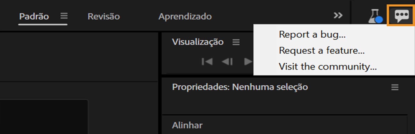 A tela do aplicativo Beta está aberta e o ícone Fornecer feedback está destacado. Ele tem opções para relatar um bug, solicitar um recurso ou visitar a comunidade.