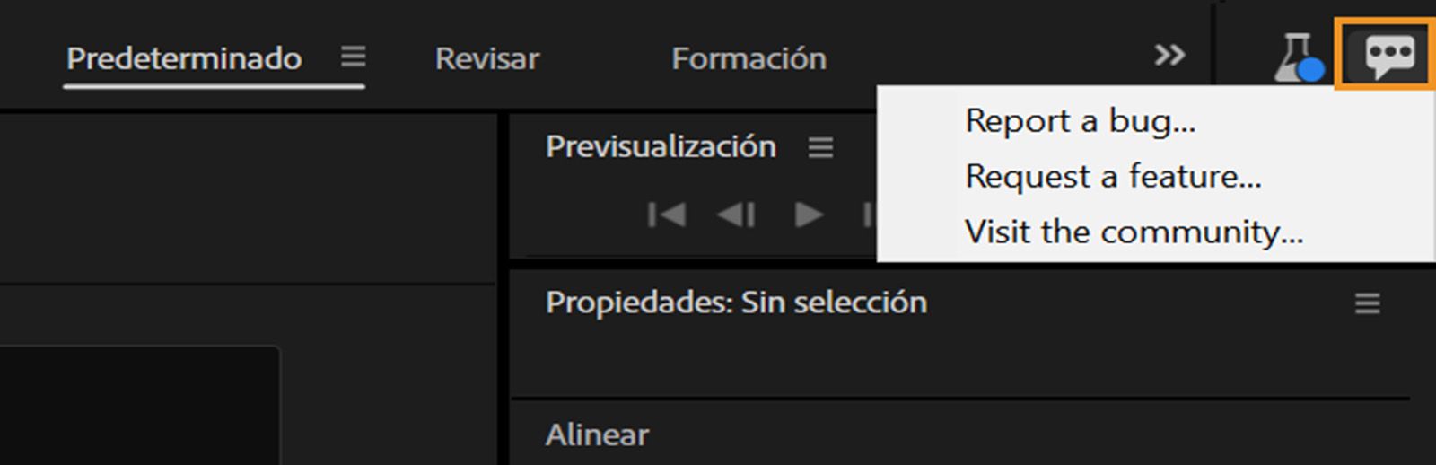 La pantalla de su aplicación en versión Beta está abierta y el icono de proporcionar comentarios está resaltado. Tiene opciones para informar de un error, solicitar una función o visitar la comunidad.