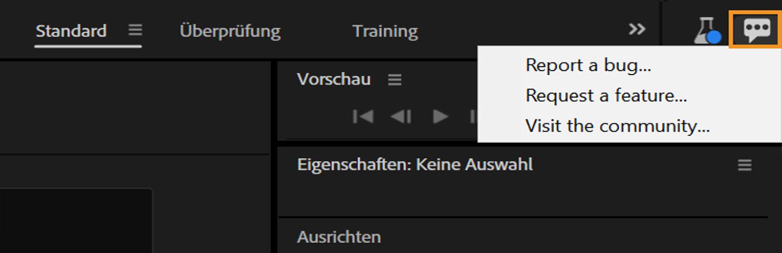 Der Bildschirm der Beta-App ist geöffnet und das Symbol „Feedback geben“ ist hervorgehoben. Du hast die Möglichkeit, einen Fehler zu melden, eine Funktion vorzuschlagen oder die Community zu besuchen.