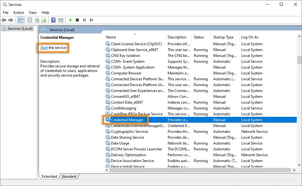 De service Credential Manager starten