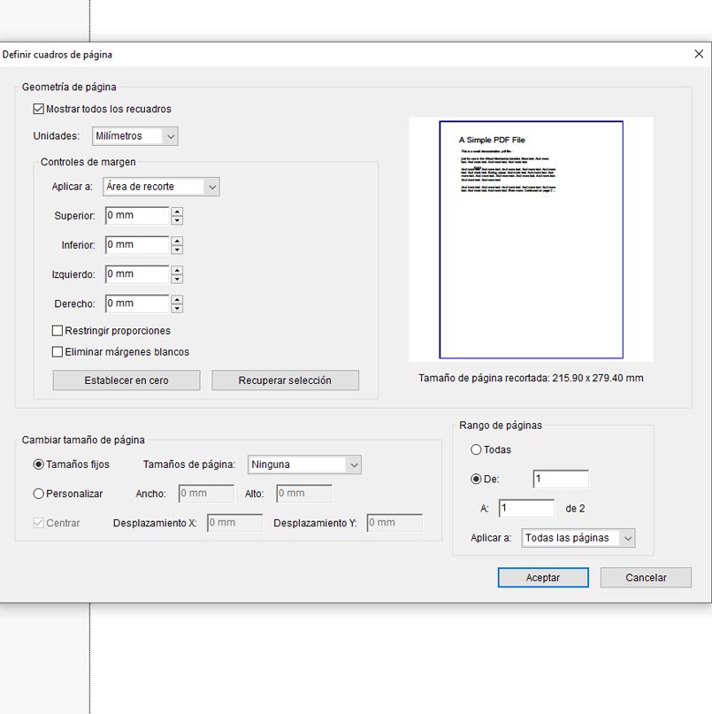 Definición de los cuadros de página para recortar PDF