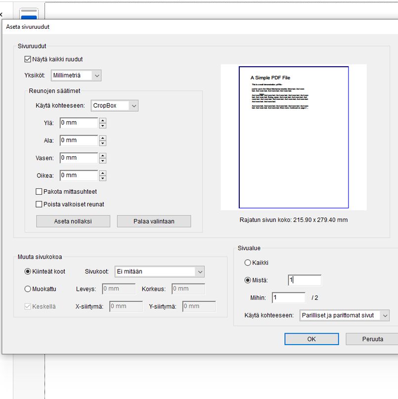PDF:iä rajaavien sivuruutujen määrittäminen