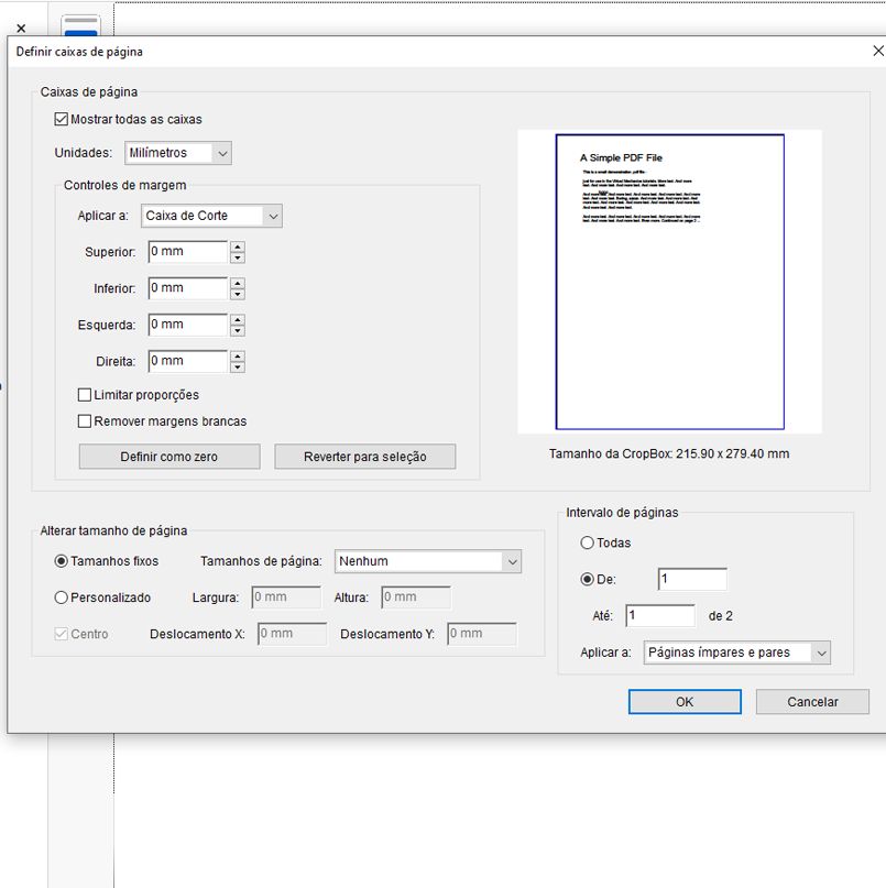 Definir caixas de página para cortar PDFs