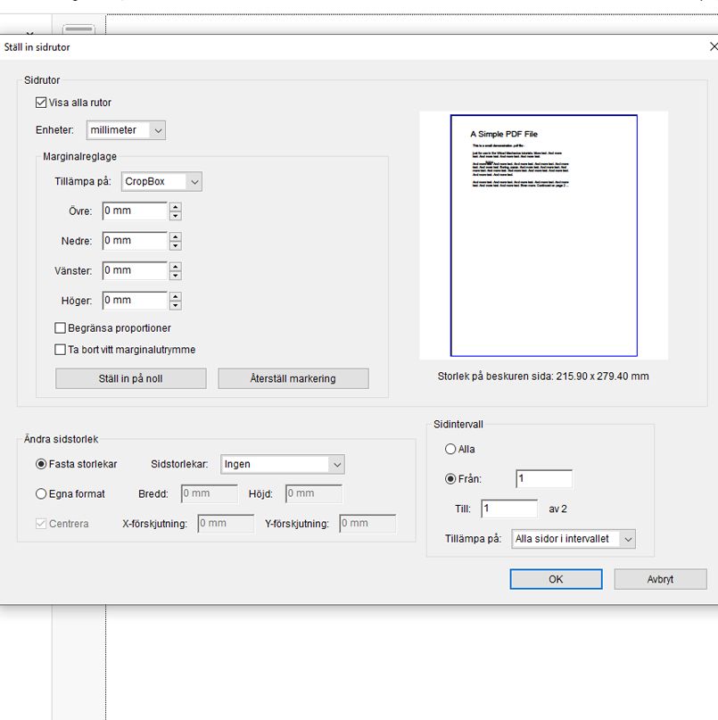 Ange sidrutor för att beskära PDF-filer