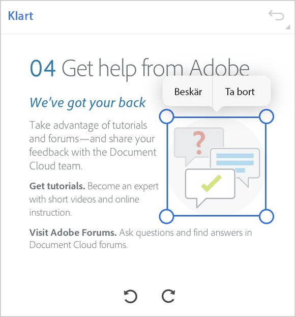 Beskära bilder i Acrobat Reader för iOS.