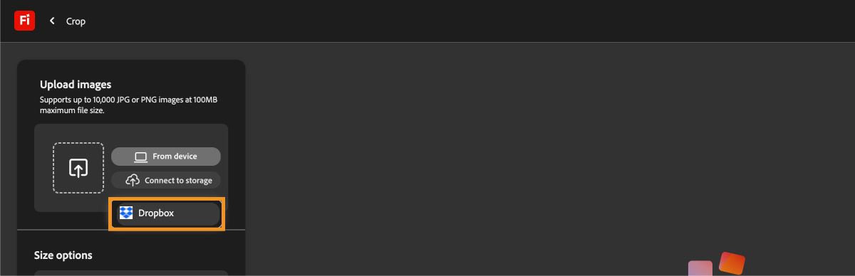 Dropbox-vaihtoehto on valittuna Lataa kuvia -kohdassa.