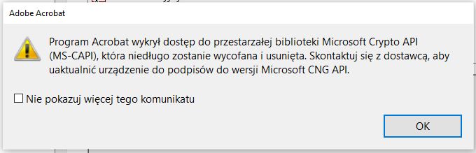 Okno dialogowe z ostrzeżeniem o interfejsie Crypto API