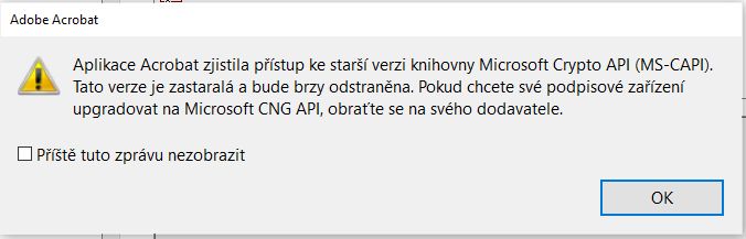 Dialogové okno s varováním ohledně Crypto API