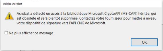 Boîte de dialogue d’avertissement pour l’API Crypto