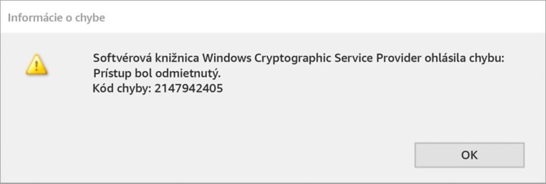 Chyba poskytovateľa kryptografických služieb systému Windows – 2147942405