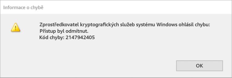 Chyba 2147942405 zprostředkovatele kryptografických služeb systému Windows