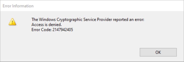 Windows Cryptogaphic Service Provider-fejl 2147942405