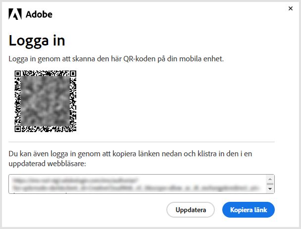 Använd QR-koden för att logga in på din mobila enhet för att installera om eller aktivera program som inte ingår i prenumerationen