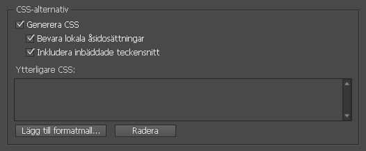 CSS-alternativ i dialogrutan Epub-exportalternativ