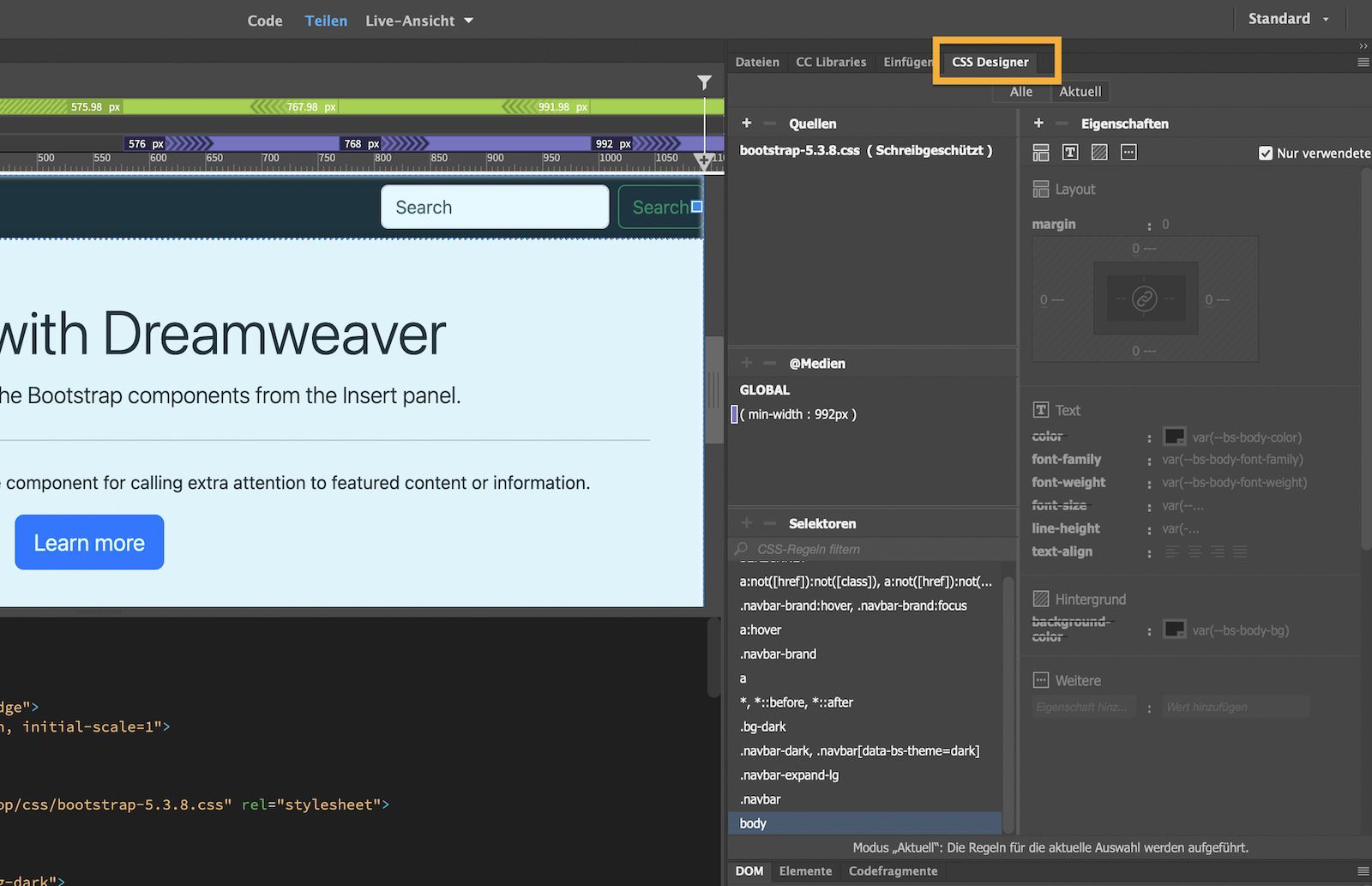 CSS-Designerbedienfeld , das Optionen zum Anpassen von Text-, Layout- und Hintergrund-Eigenschaften für Seiten-Styling anzeigt.