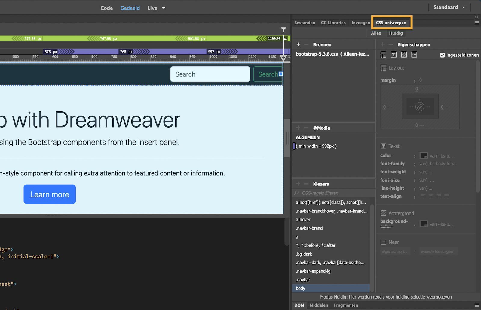 CSS designer-paneel met options om tekst-, lay-out- en achtergrondeigenschappen aan te passen voor paginastyling.