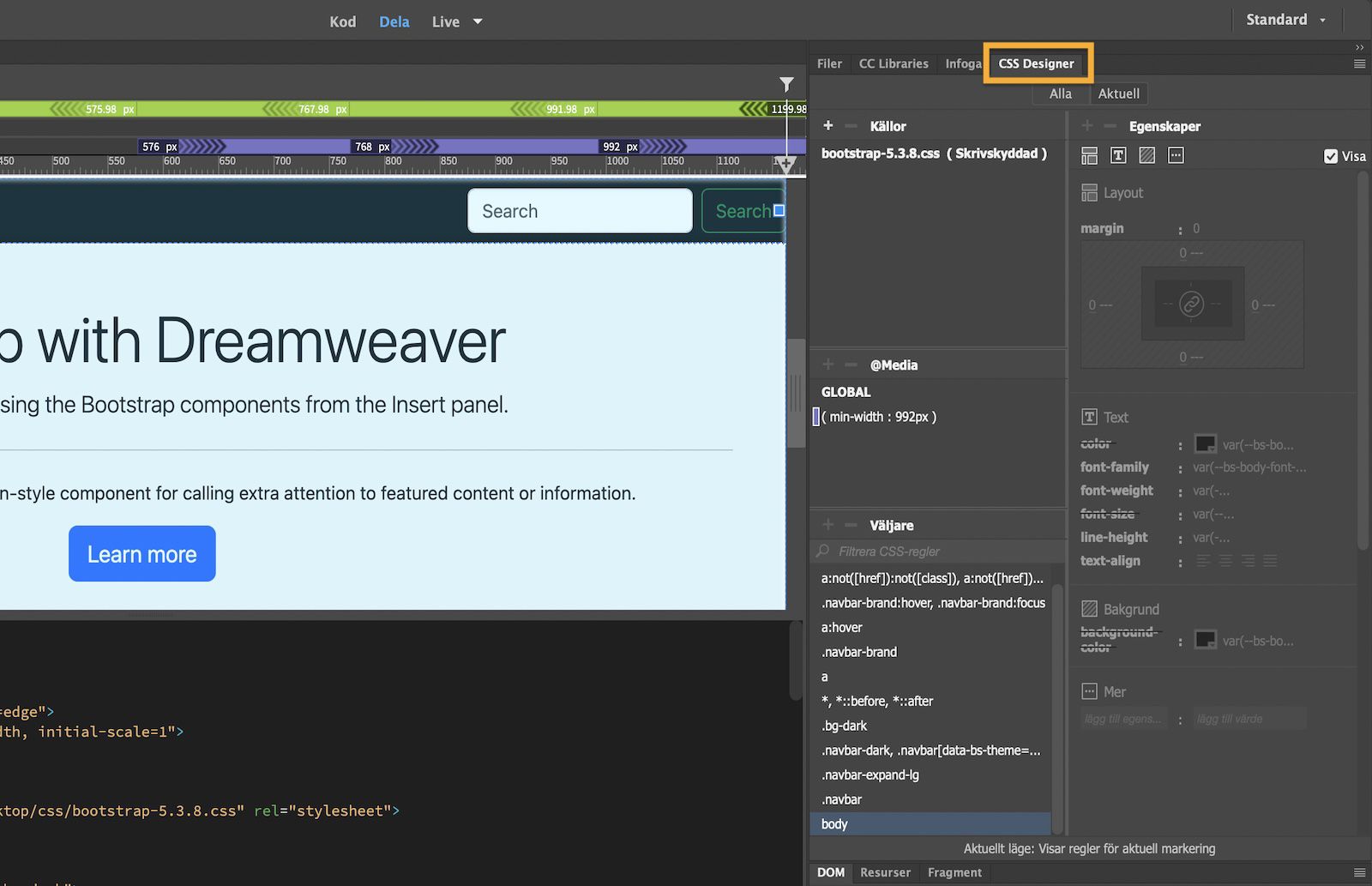 CSS designer panel som visar options för att justera text, layout och bakgrundsegenskaper för sidstil.