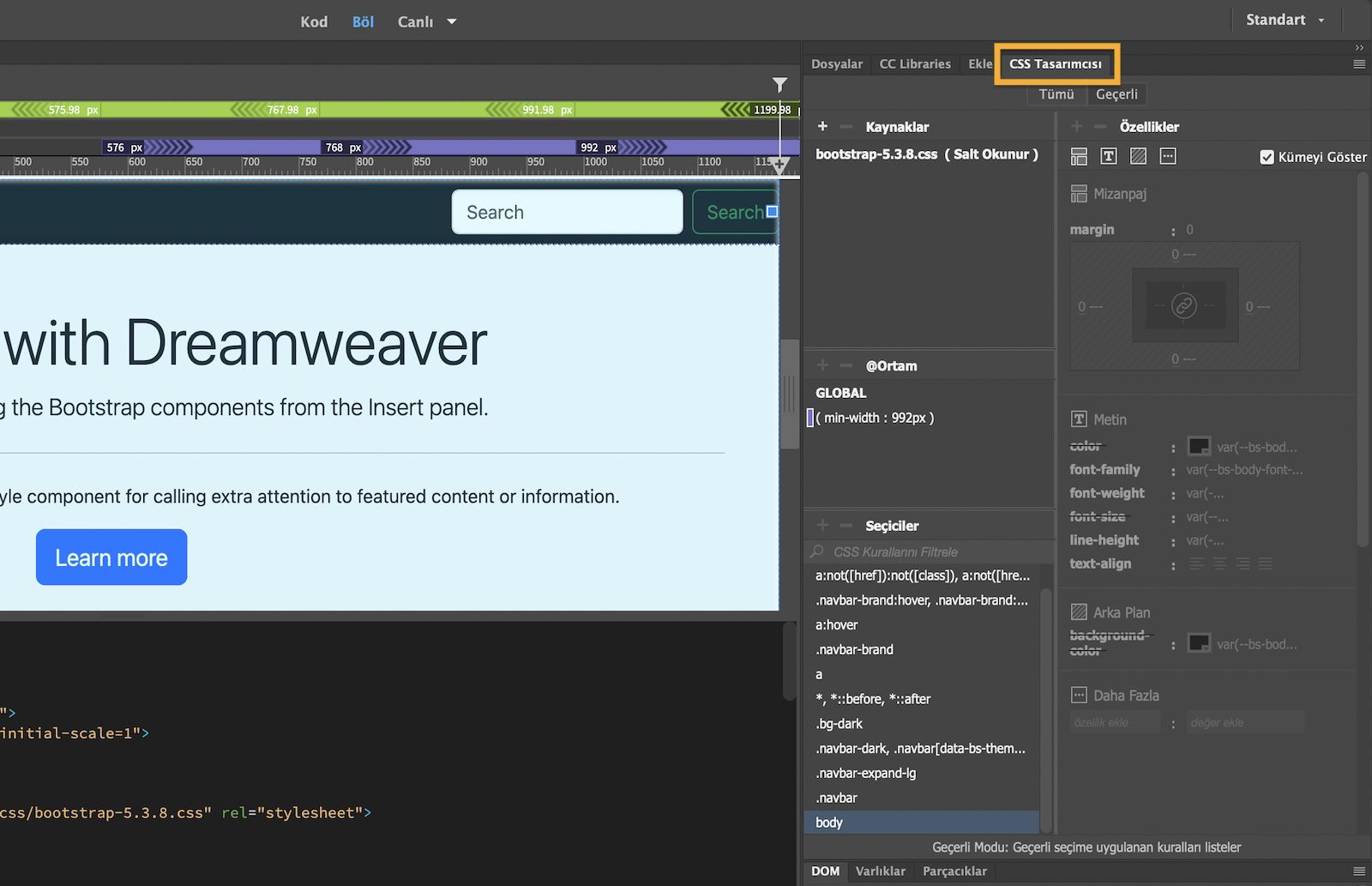 Sayfayı stilize etmek için metin, mizanpaj ve arka plan özelliklerini ayarlama seçeneklerini gösteren CSS Designer paneli.