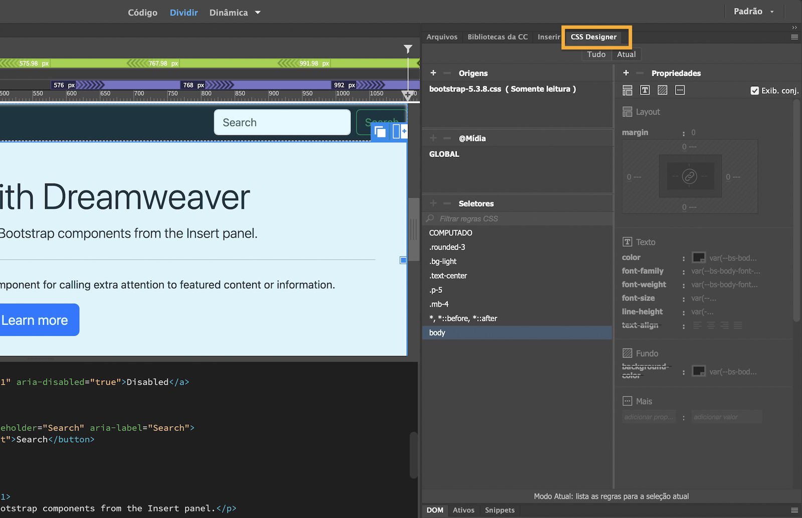 Painel CSS Designer mostrando opções para ajustar as propriedades de texto, layout e fundo para o estilo da página.