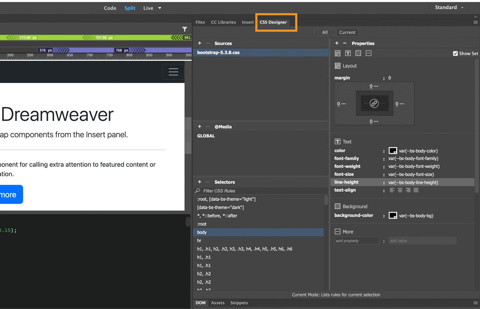 لوحة CSS Designer تُظهر خيارات ضبط النص والتخطيط وخصائص الخلفية لتنسيق الصفحة.