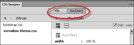 Režimy Vše a&nbsp;Současný v nástroji CSS Designer