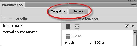 Tryby Wszystkie i Bieżące w panelu Projektant CSS