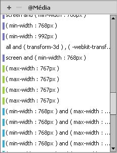 Barvy kódu pro multimediální dotazy v nástroji CSS Designer