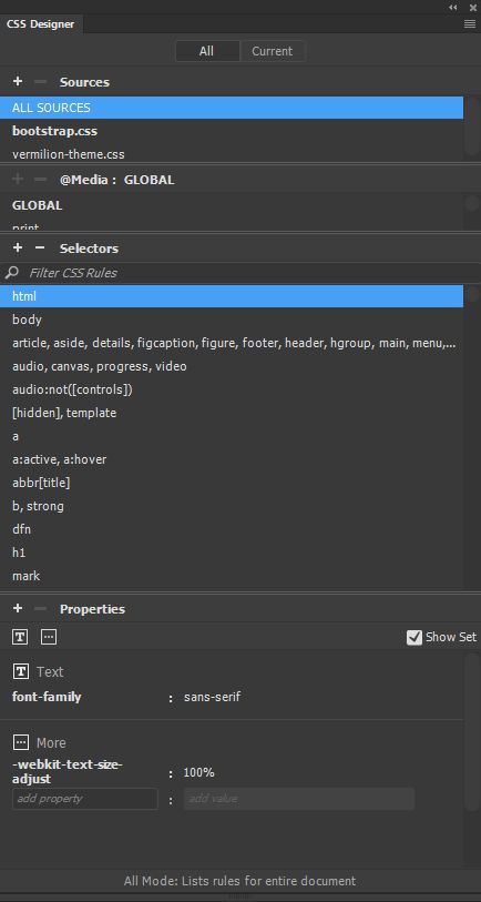 اللوحة CSS Designer ‏(CC)