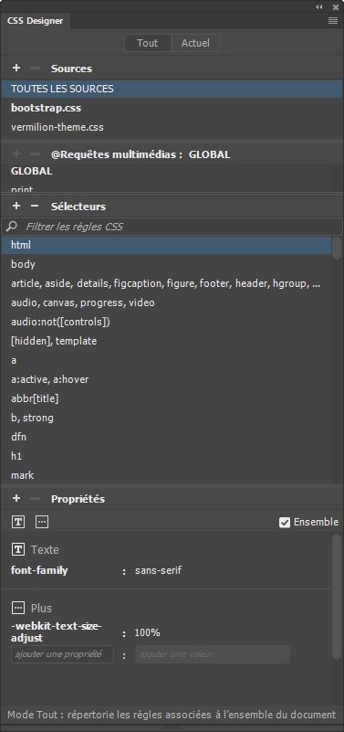 Panneau CSS Designer