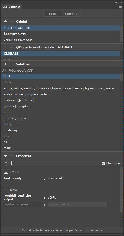 Pannello CSS Designer