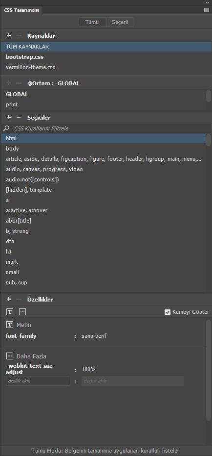 CSS Tasarımcısı paneli