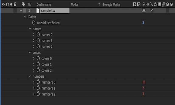 CSV- und TSV-Dateneigenschaftengruppe im Zeitleistenfenster