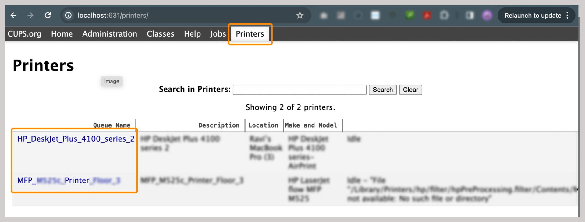 Lista de impressoras na interface de administração do CUPS