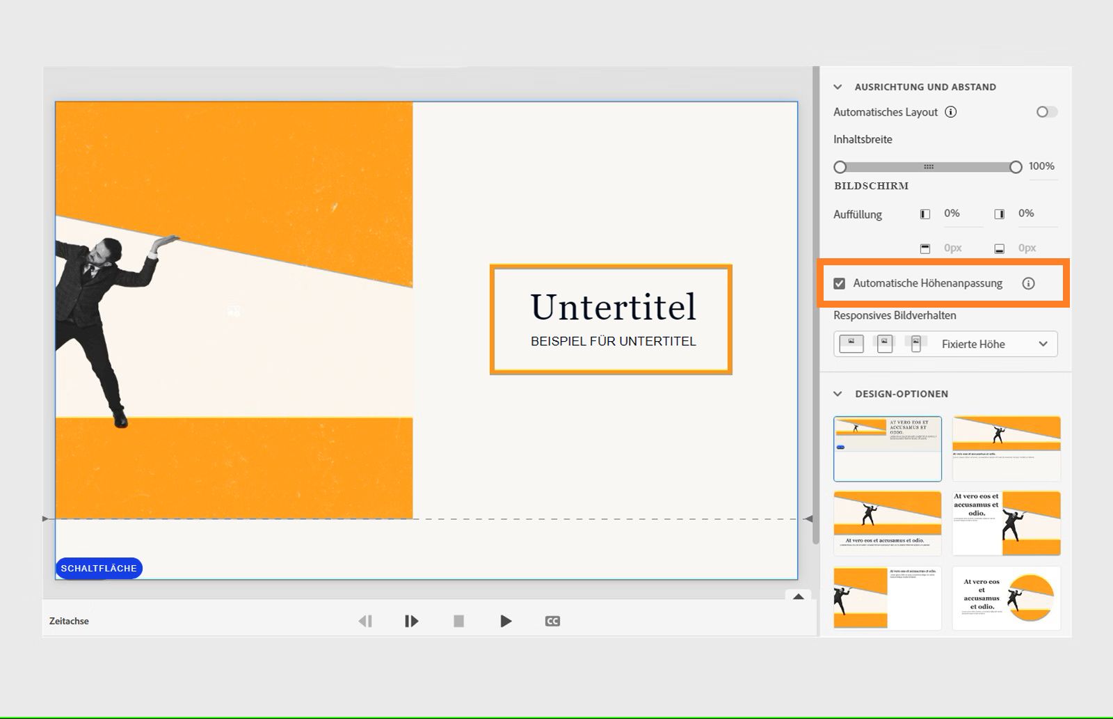 Dieses Bild zeigt die Änderungen an den benutzerdefinierten Eigenschaften für eine benutzerdefinierte Design-Option eines Bildinhaltsblocks.