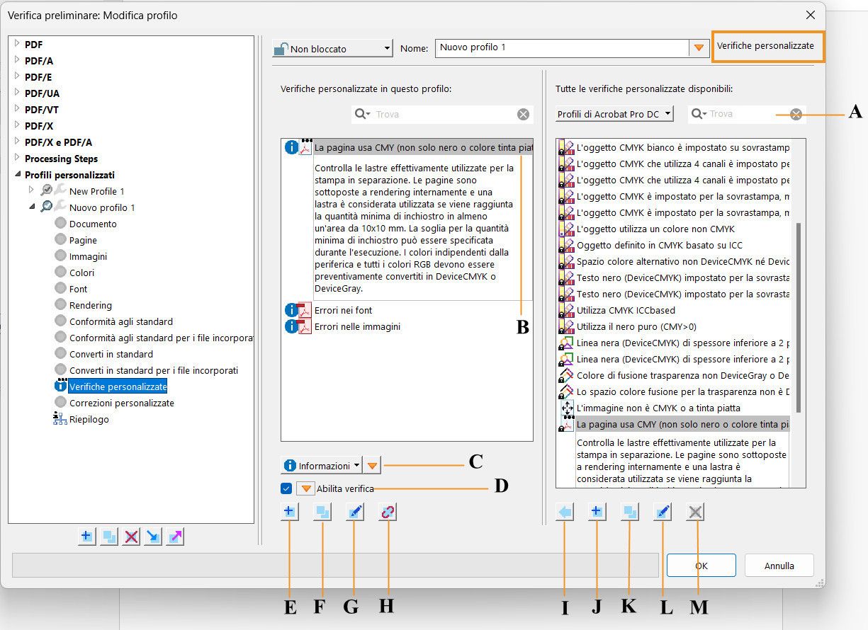 La finestra di dialogo Verifica preliminare viene mostrata con le funzioni dei controlli personalizzati evidenziate 