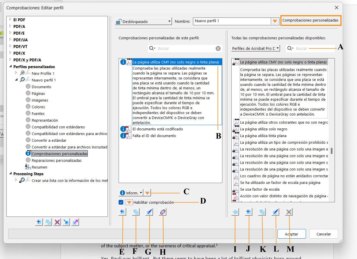 Se muestra el cuadro de diálogo Comprobaciones y se resaltan las funciones de las comprobaciones personalizadas