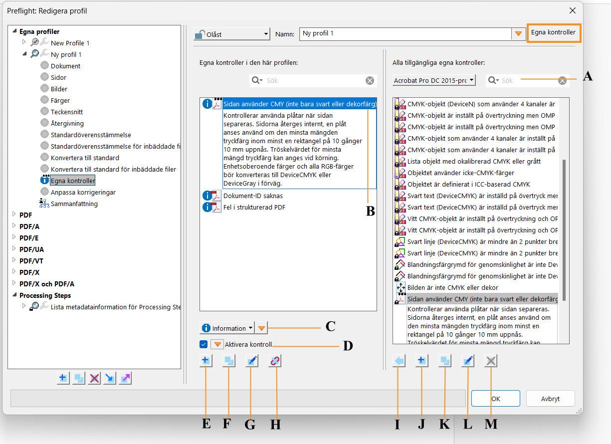 Dialogrutan Preflight visas och funktionerna i de anpassade kontrollerna markeras.